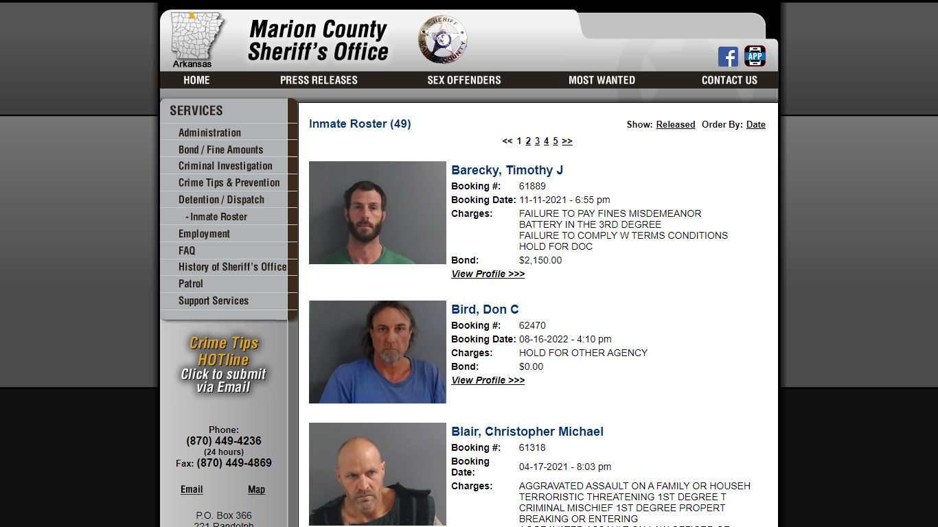 Inmate Roster - Current Inmates - Marion County Sheriff AR